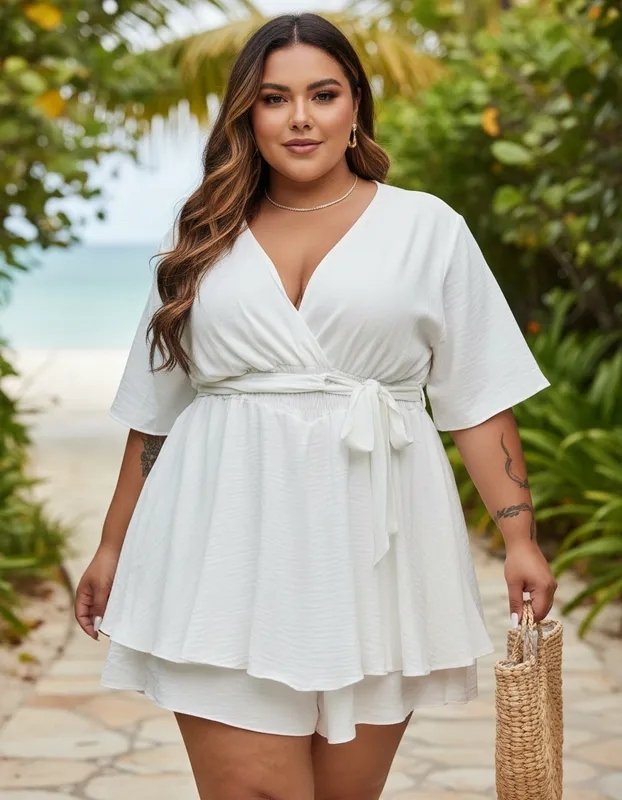 Macaquinho Decote V Manga Curta